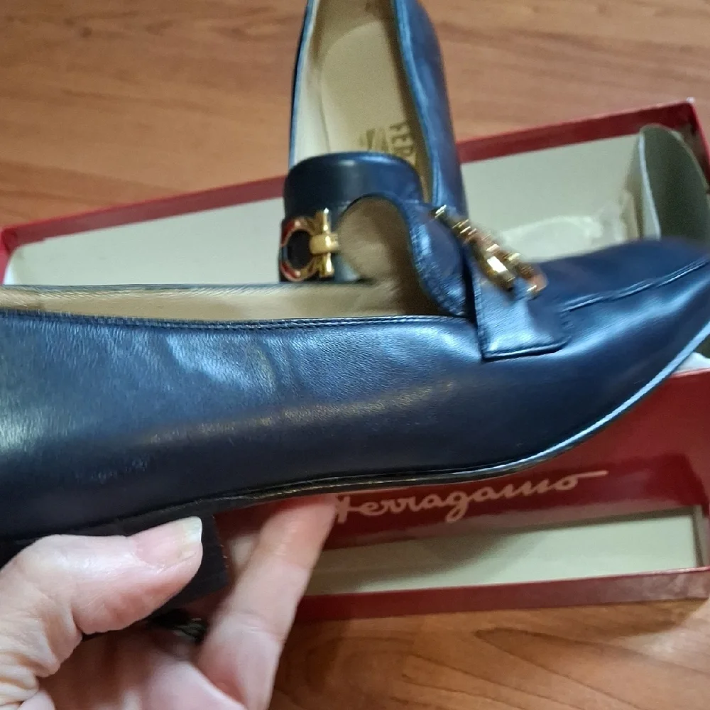 Salvatore Ferragamo Navy Leather Loafers with Gold Accent